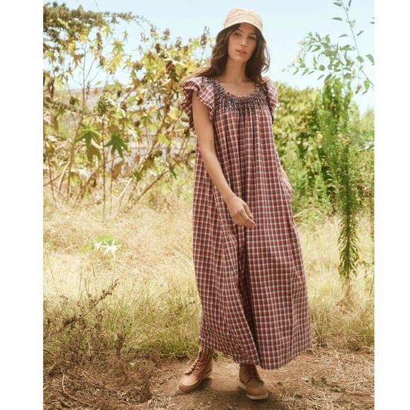 THE GREAT. Dresses & Skirts - The Great The Holly Knoll Maxi Dress Smocked Plaid Printed Short Sleeve L 286111